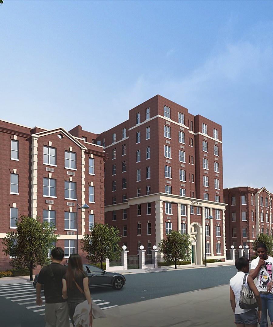 Artist's rendering of Croydon Hall's brick facade and arched stone entrance, with the building's name above the doorway and pedestrians on the sidewalk
